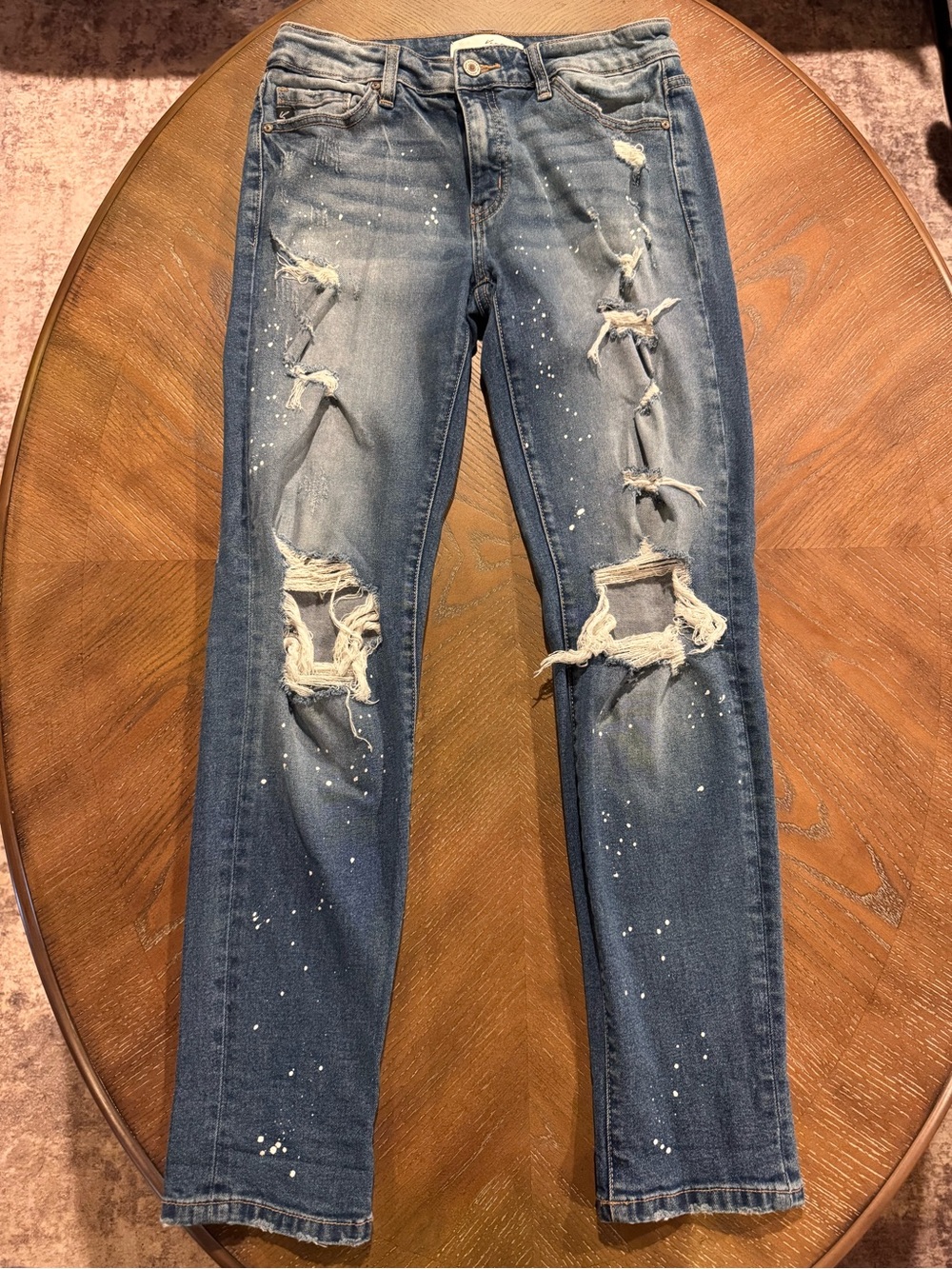 KanCan Distressed Medium Blue Skinny Jeans with White Paint Splatter